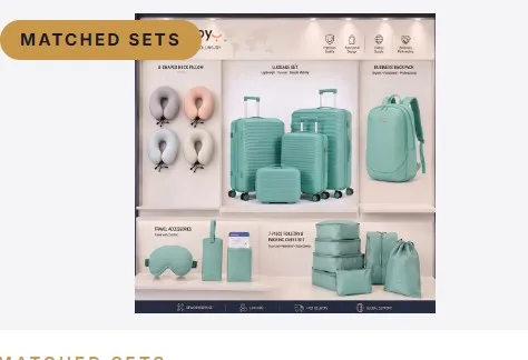 Matched travel set with neck pillows and packing cubes