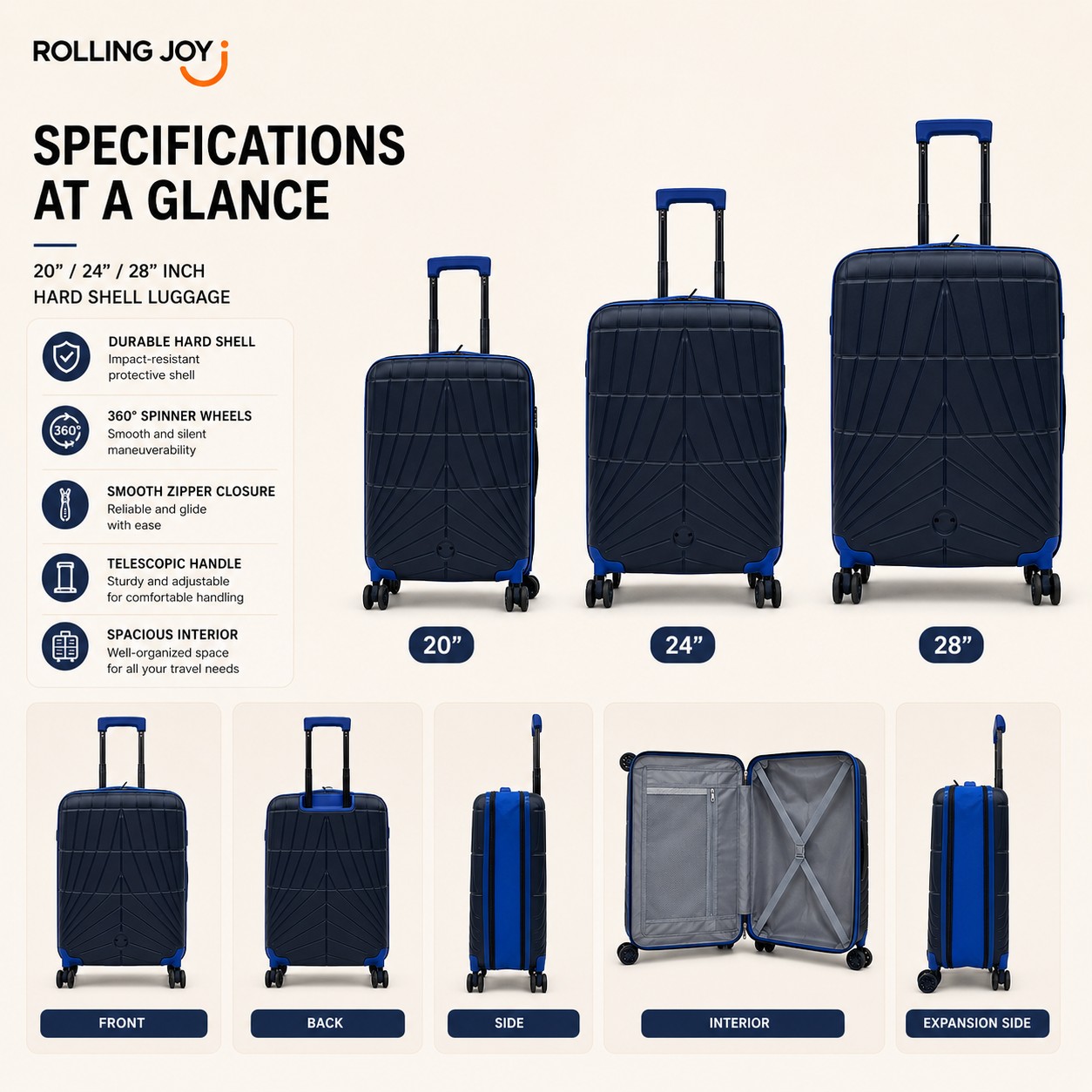 Rolling Joy OEM Rolling Joy navy blue PC polycarbonate hard shell trolley case set 20 24 28 inch expandable with spinner wheels 20inch 24inch 28inch 3-piece PC Polycarbonate hard s view 2