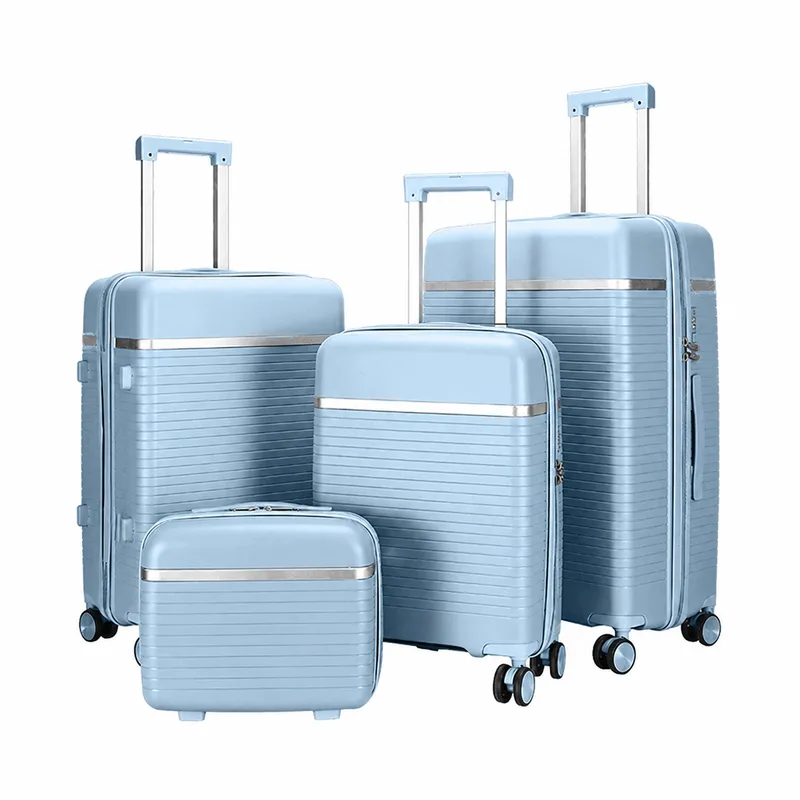 Light Blue Ribbed PP trolley set with gold banding and Rolling Joy collection