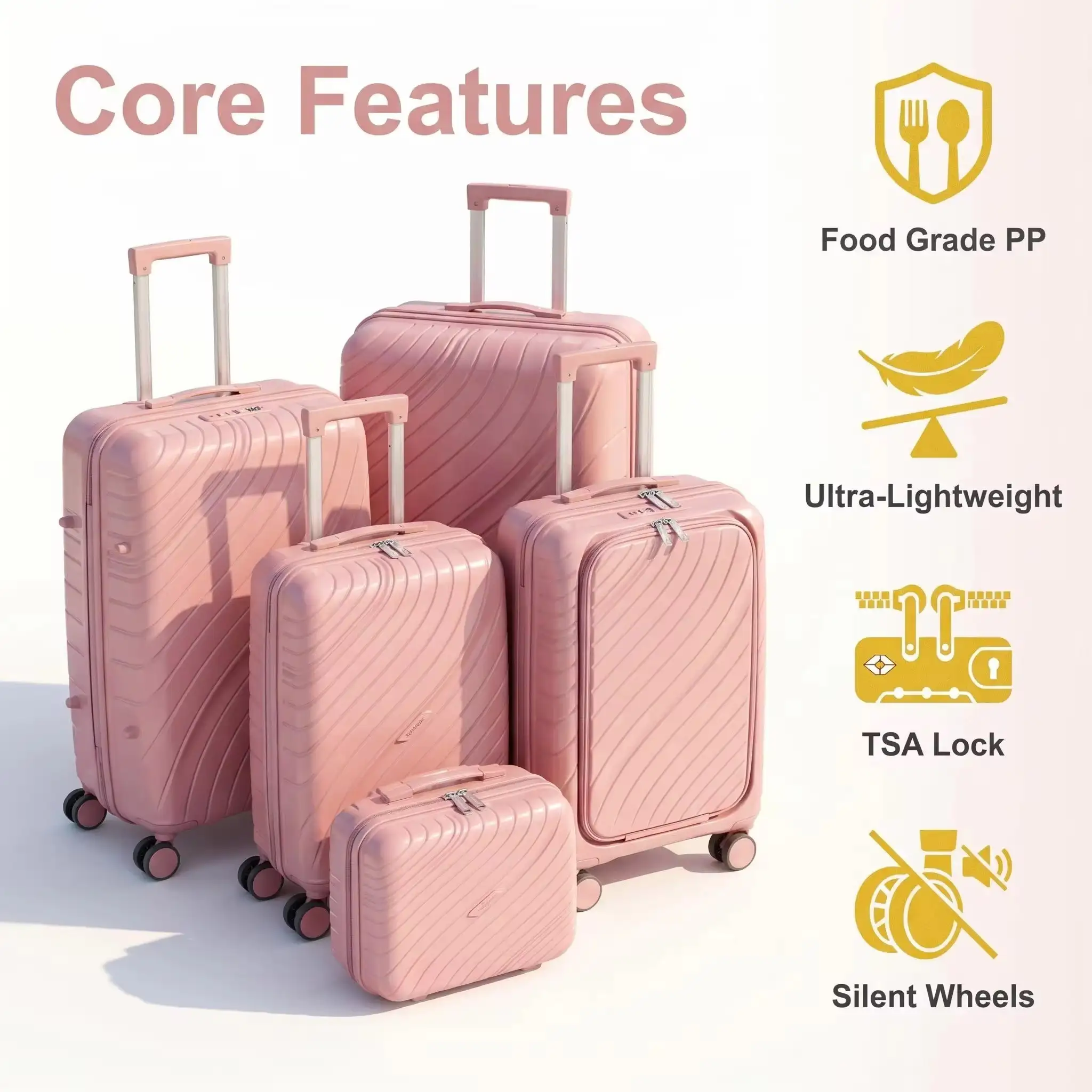 Rolling Joy OEM blush pink PP hard shell core features Food Grade PP ultra lightweight TSA lock silent wheels view 2