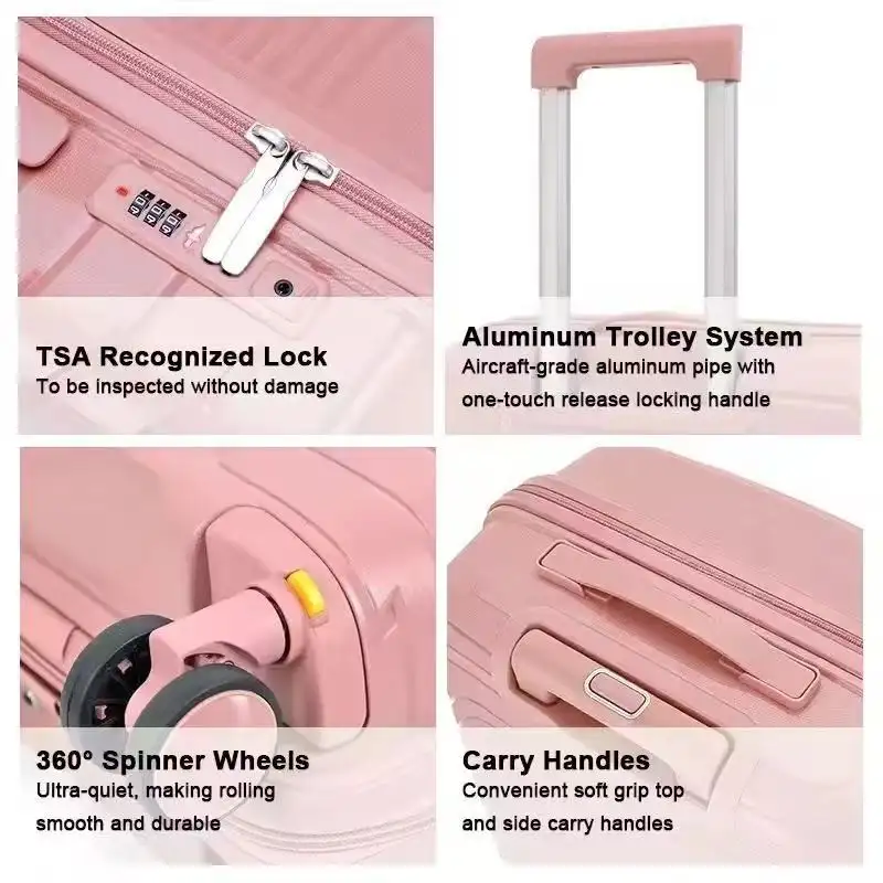 Rolling Joy OEM blush pink PP hard shell TSA lock aluminum trolley 360 spinner wheels carry handles detail view 3