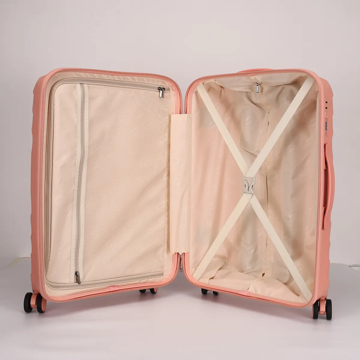 Rolling Joy OEM PP trolley case open view peach cloth lining view 2